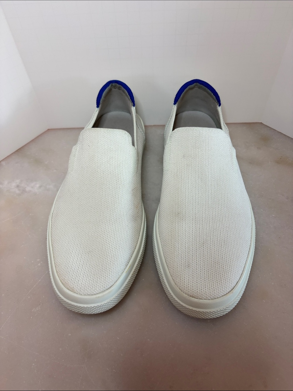 Rothy's Cream Slip-On Loafers with Blue Heel Tab size 8